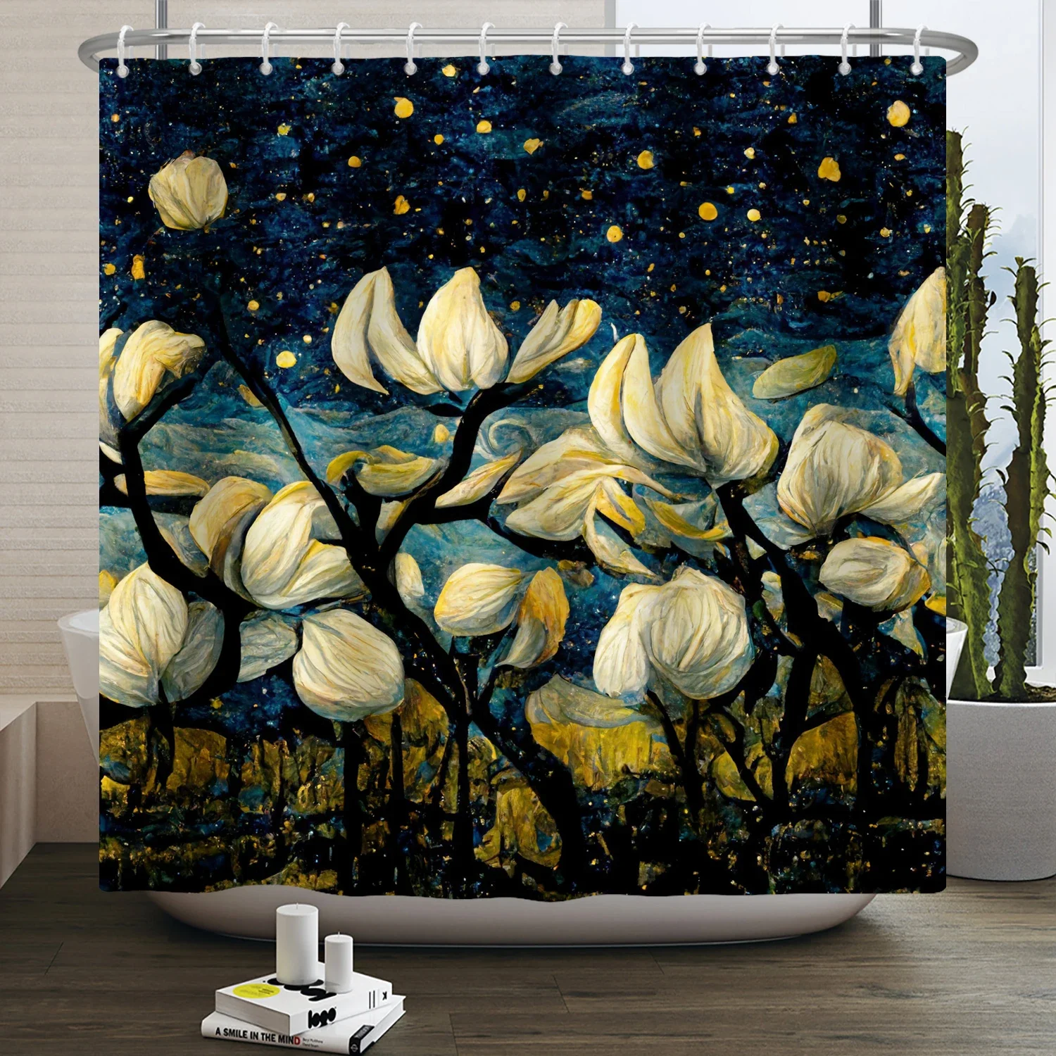 Van Gogh Abstract Art Oil Painting Shower Curtain Starry Night Scenery Bathroom Curtain Flower Tree Waterproof Bathtub Curtain