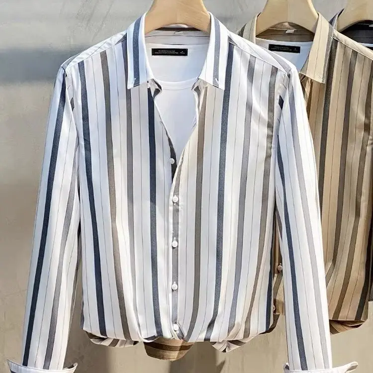 

2024 Men's Striped Long Sleeve Shirts Fashion Business Casual Shirts Clothing Youth Cool Trend Formal Dress New Tops Blouse P84