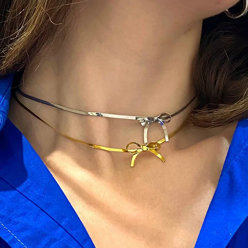 Edelstahl Bogen Schlange Knochen Halskette für Frauen Exquisite Süße Halsband Bogen Schlüsselbein Kette Vintage Vielseitig Schmuck Geschenk Neue