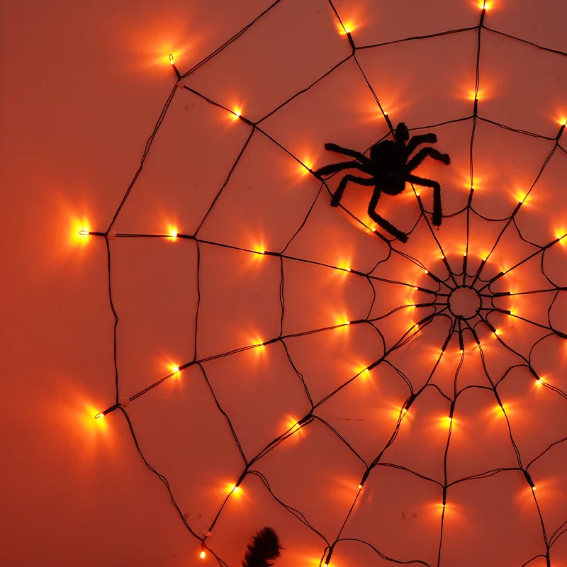 Halloween Spider Web LED String Lights with Black Spider Orange Lights Halloween Party Wall Window Decor Lamp