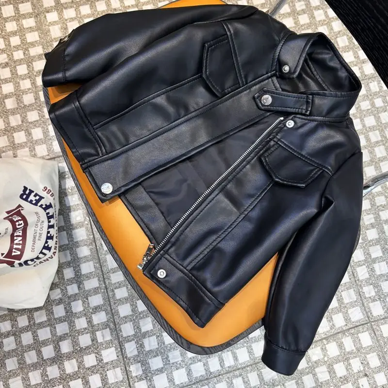 Children's Spring and Autumn Leather Jacket Fashion Korean Edition Boys' Motorcycle Jacket Stand up Collar Black Jacket