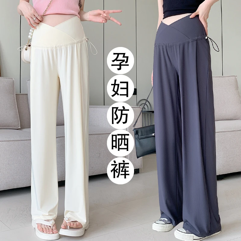 

Summer Ice Silk Cool Sun Protection UPF50+ Wide Leg Loose Straight Maternity Pants Pregnant Women Low Waist Casual Y2k Youth