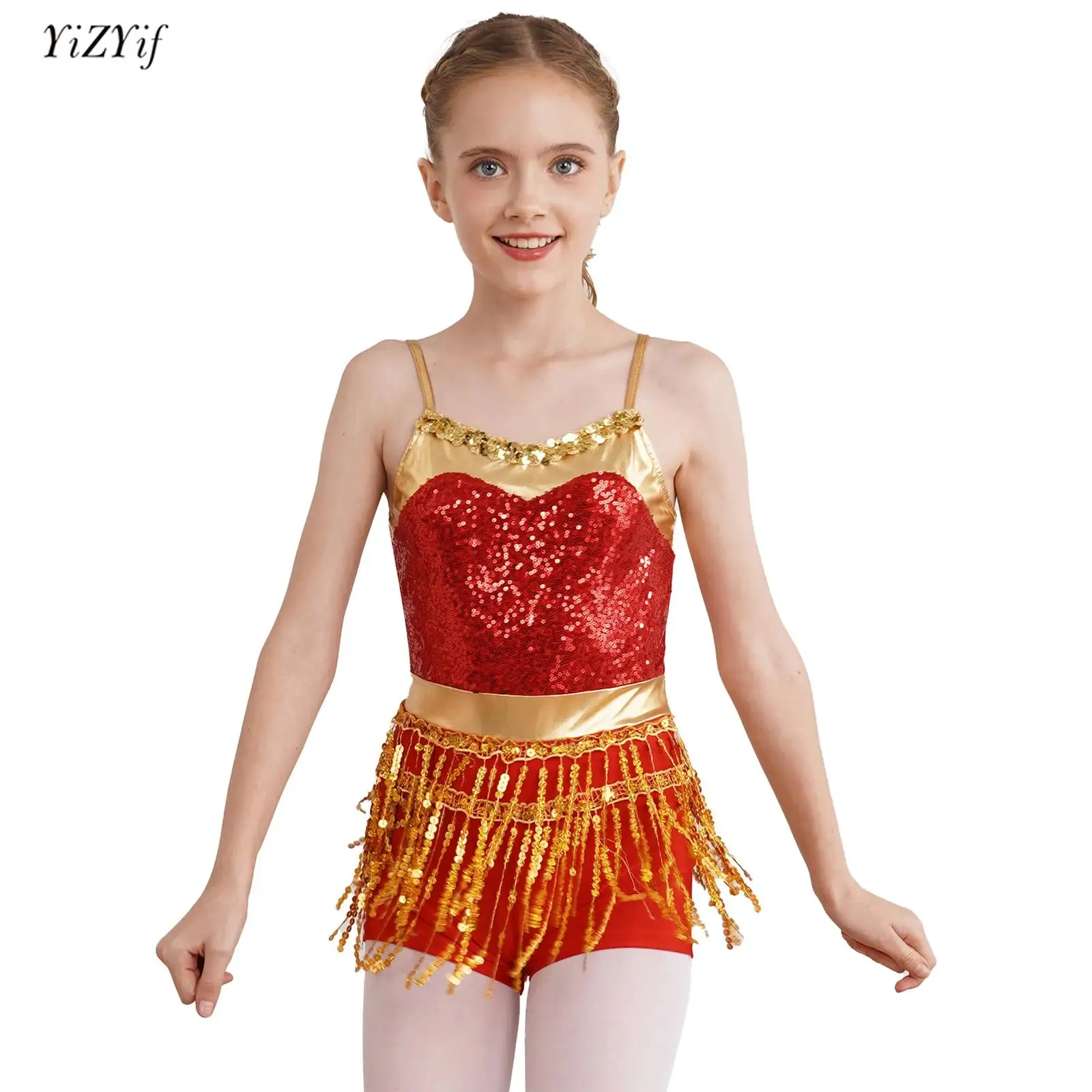 

2024 Shiny Sequin Fringe Metallic Dance Bodysuit Kids Girls for Latin Samba Cha-cha Dance Performance Sleeveless Boyleg Jumpsuit