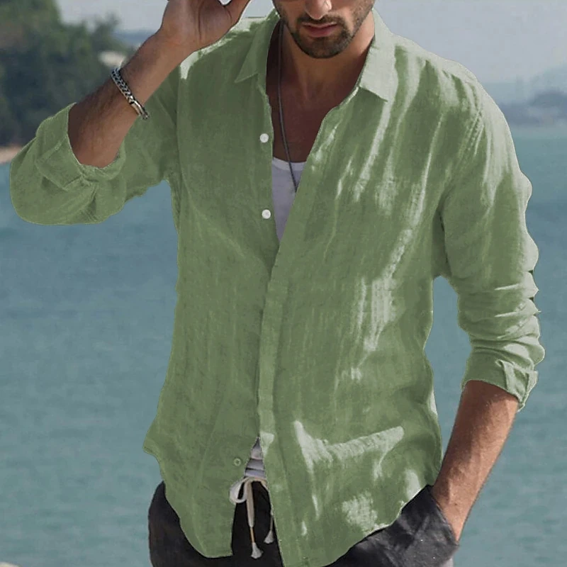 Hot selling men's long sleeved shirts in summer, solid color stand up collar, casual beach style