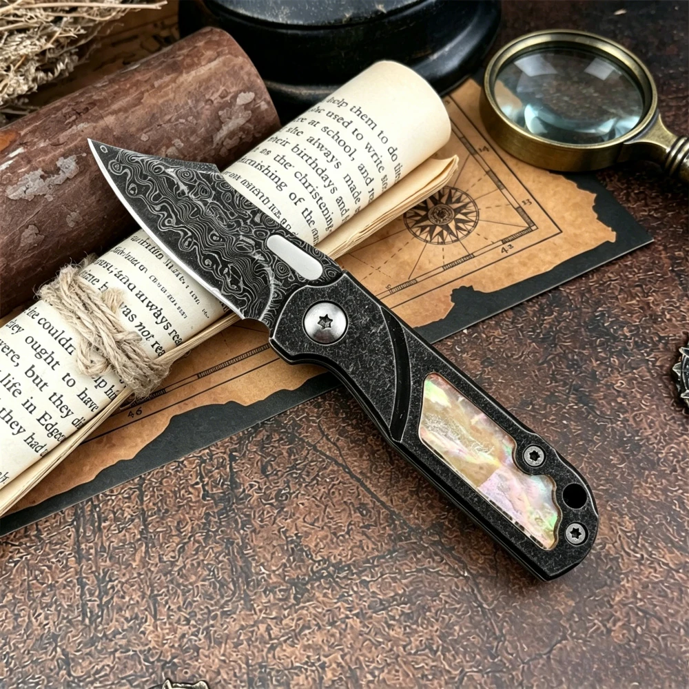 High-Quality Damascus Mini Folding Knife Hiking, Cutting, and Jungle Tool; Outdoor Camping and Personal Carry Knife; Gift