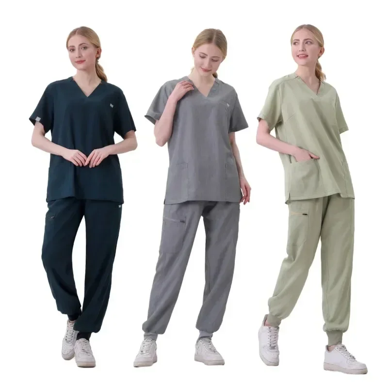 Uniformes Médicos das Mulheres, Conjuntos Elásticos, Vestidos Cirúrgicos Hospitalares, Tops de Manga Curta, Calças, Acessórios de Enfermagem, Roupas Médicos