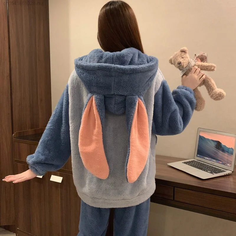 Disney Stitch Hooded Pjs Pajamas For Women Winter 2023 New Coral Velvet Cute Anime Thickened Homewear Set Y 2k Sleepwear Girls