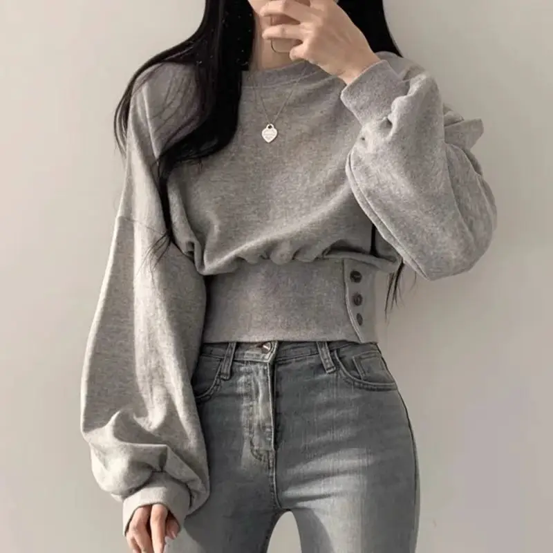 2024 Autumn Korean Chic Niche Round Neck Buckle Hoodie for Women Slim Fit Long-sleeved Short Pullover Hoodie for Women