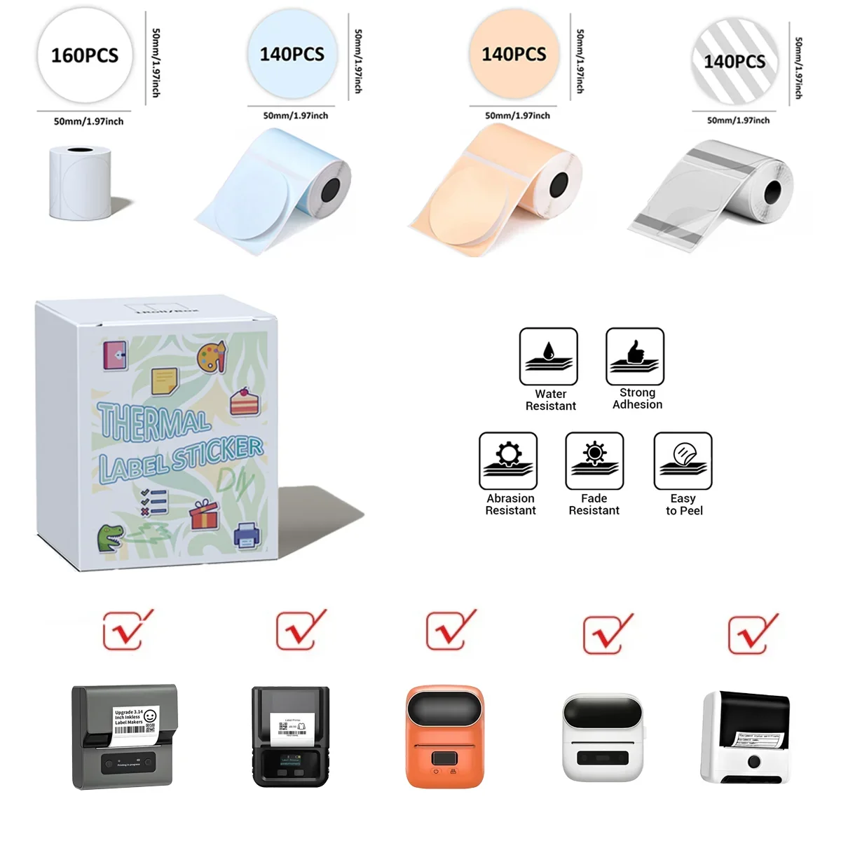 Thermal paper Color/White/Transparent 1.96" x1.96"(50x50mm)Round Label Maker M110 Label For Small Business Multi-Purpose Sticker