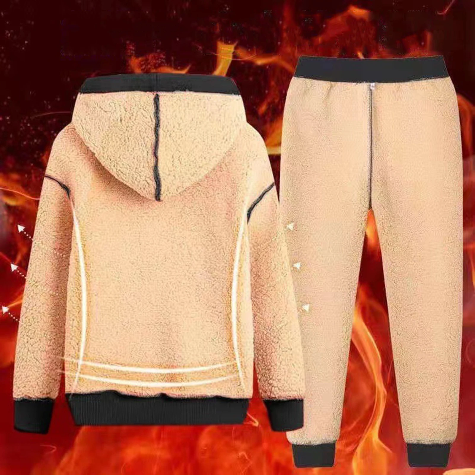 Thicken Hoodies Winter Warm Sportsuit Men Hooded Running Sets Women Fleece Jacket Pants Windproof Loose Sportswear 1Set