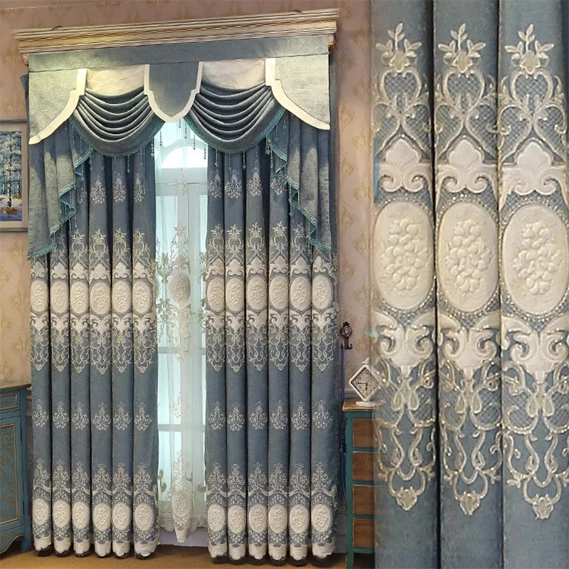 

European style thickened chenille living room bedroom blackout finished curtain embroidery gray