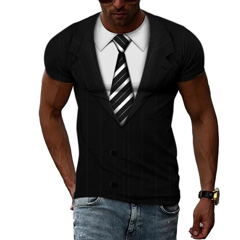 2023 Summer Men\'s TuxedoRetro Tie Suit Bow Tie 3d Print T-shirt Casual Short-sleeved Street Funny Fake Suit Top