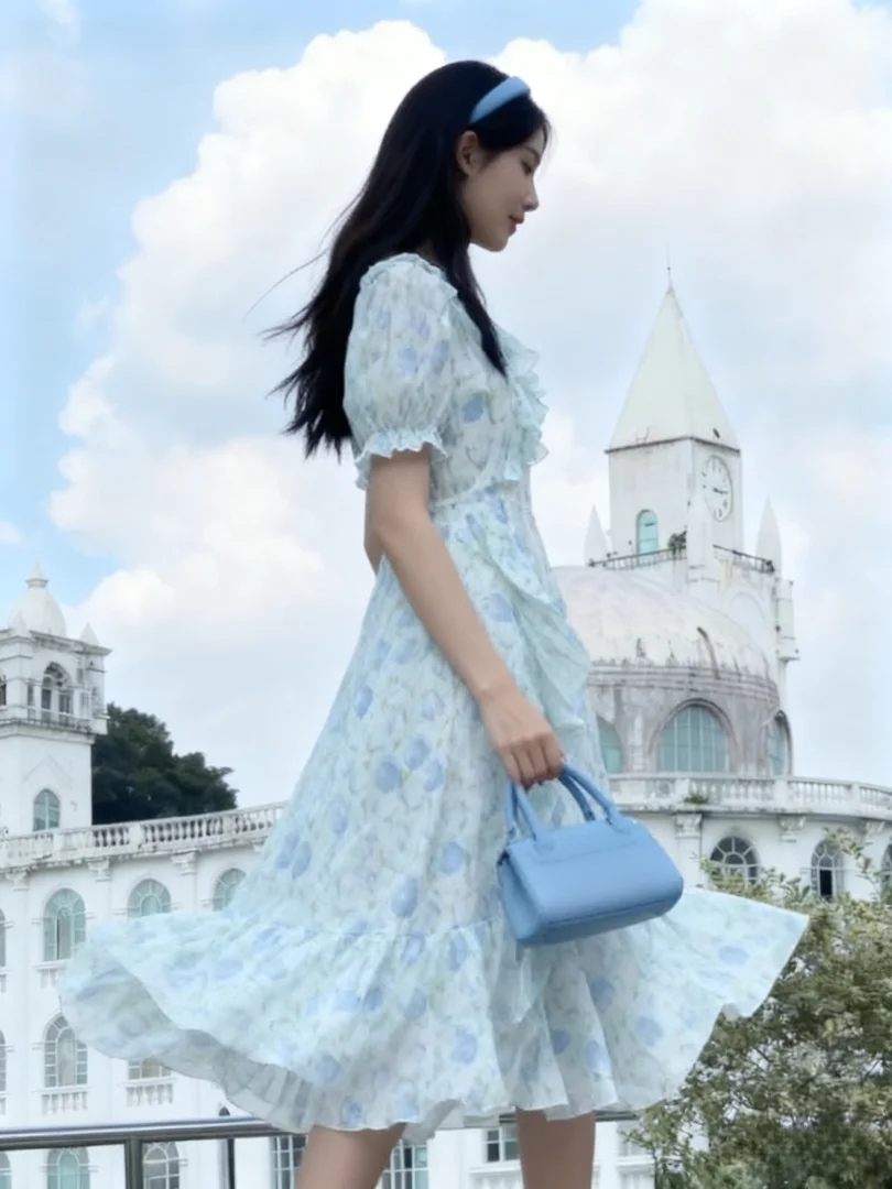 NUOMICI Primavera Verano vestido de mujer falda de cola de pez Floral dulce lindo Puff manga vestido largo pradera Chic turismo Camping trajes