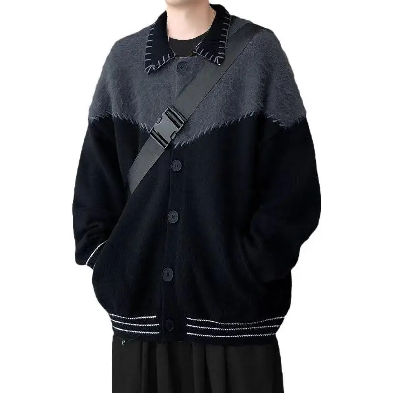 سترة محبوكة كبيرة الحجم للرجال عتيقة - سترة مرقعة بألوان متعددة، ملابس خارجية غير رسمية على الطراز الأمريكي القديم لربيع/خريف