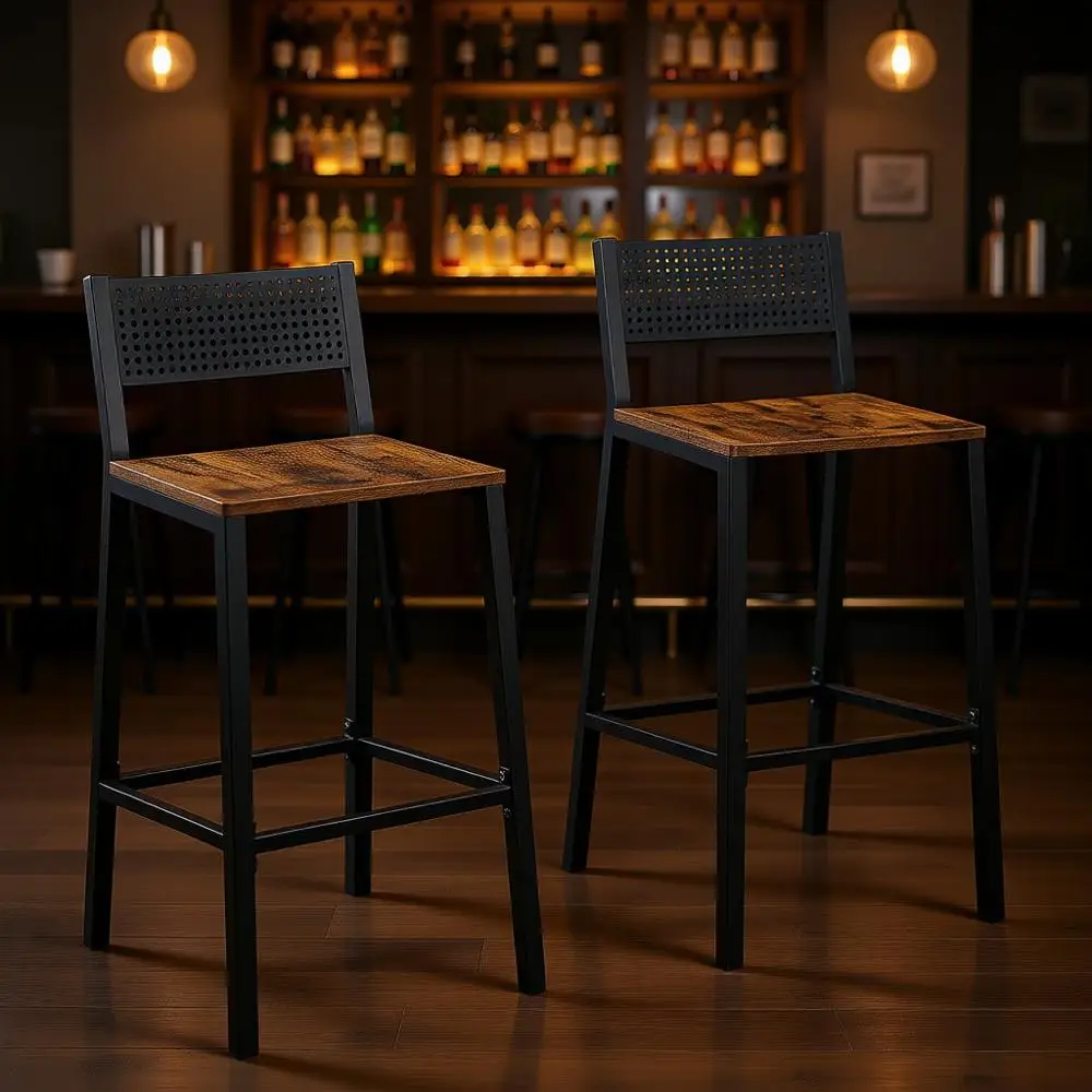 

Set of 2 Tall Bar Stools with Backrest, Industrial, Rustic Brown and Black