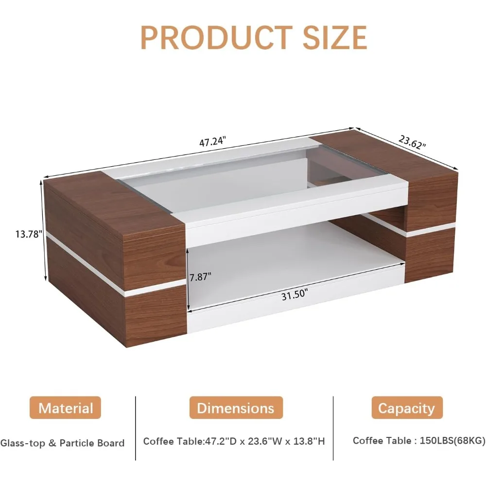 47.2" Modern Stylish Coffee Table with Glass Table Top, Large Living Room Table Rectangular 2-Tier Center Tables with Storage, W