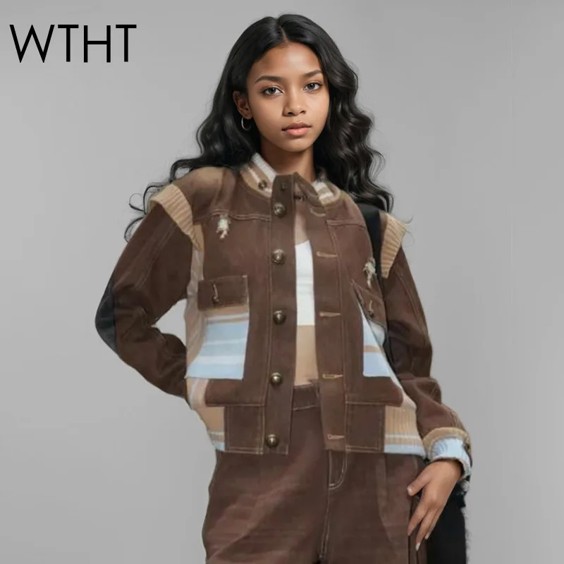 

WTHT 2025 Spring Knit Control Color Spliced Design Stand Collar Denim Jacket Fashion New Long Sleeves Coat Female 1LS715