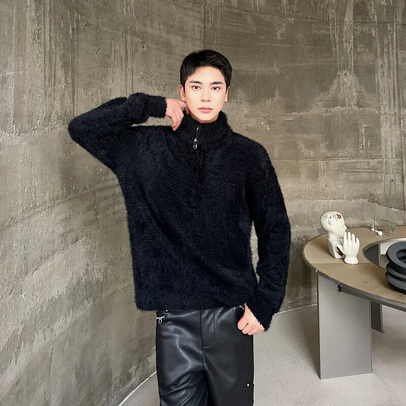 Men's Wear Imitation Mink Fur Sweater 2024 Winter Loose All-match Korean Style Kintted Sweater Stand Collar Pullover