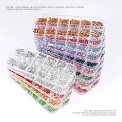 12Grids 3D Glass Crystal Nail Art Rhinestone Non Hotfix Flatback Round Bead Nail Jewelry Charm Gem Stones Diamond Manicure Parts