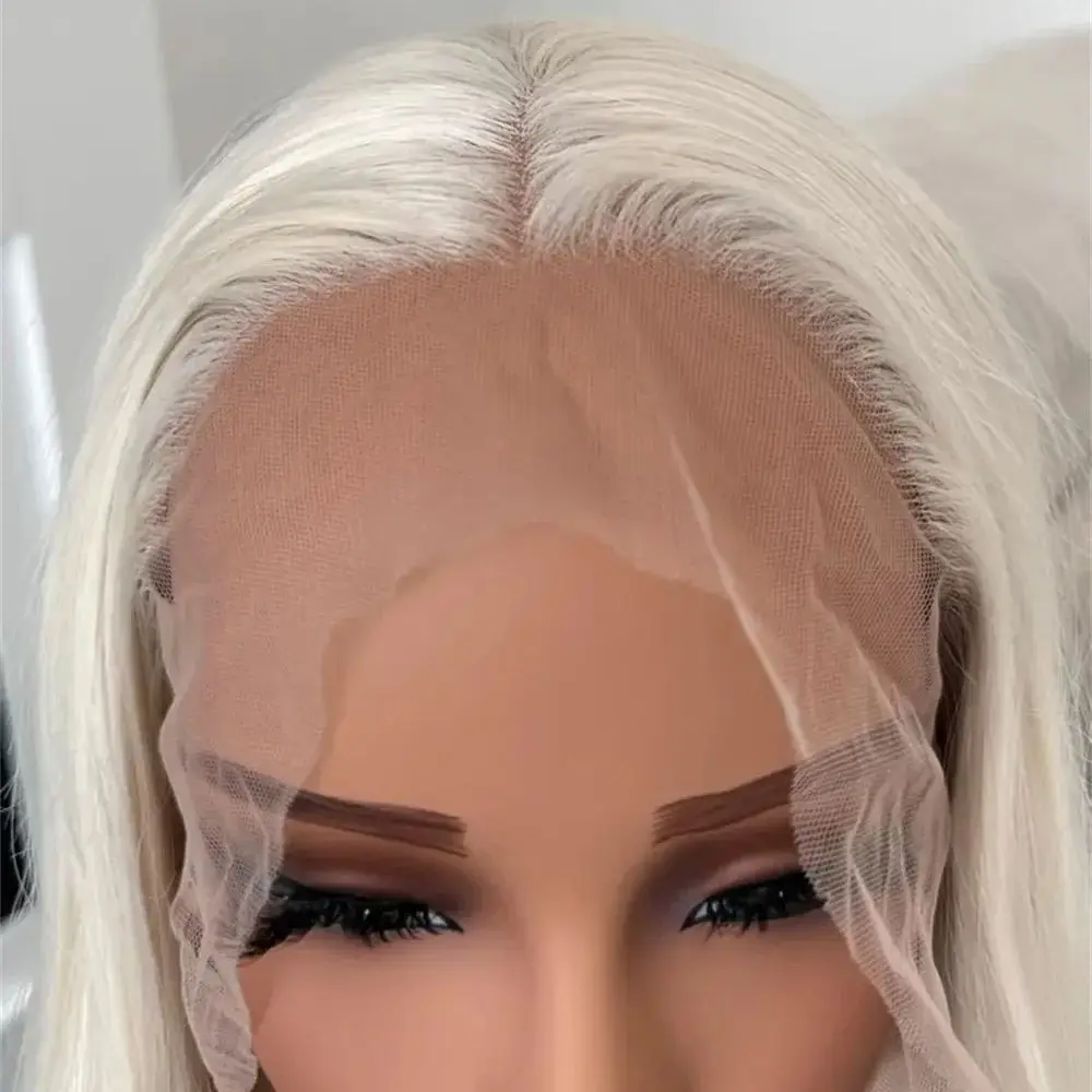 شعر أشقر بلاتيني طويل مستقيم بطول 60.96 سم، شعر صناعي واقعي طبيعي بدانتيل أمامي للاستخدام التنكري للنساء