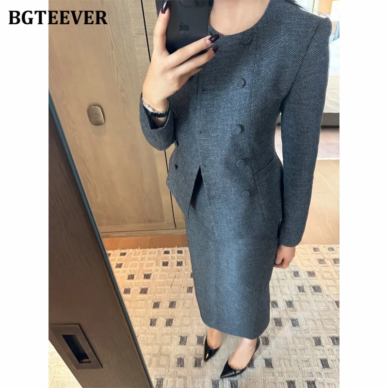 BGTEEVER elegante Vintage Otoño Invierno señoras falda trajes doble botonadura cintura delgada Blazer y paquete faldas a la cadera conjunto con americana para mujer