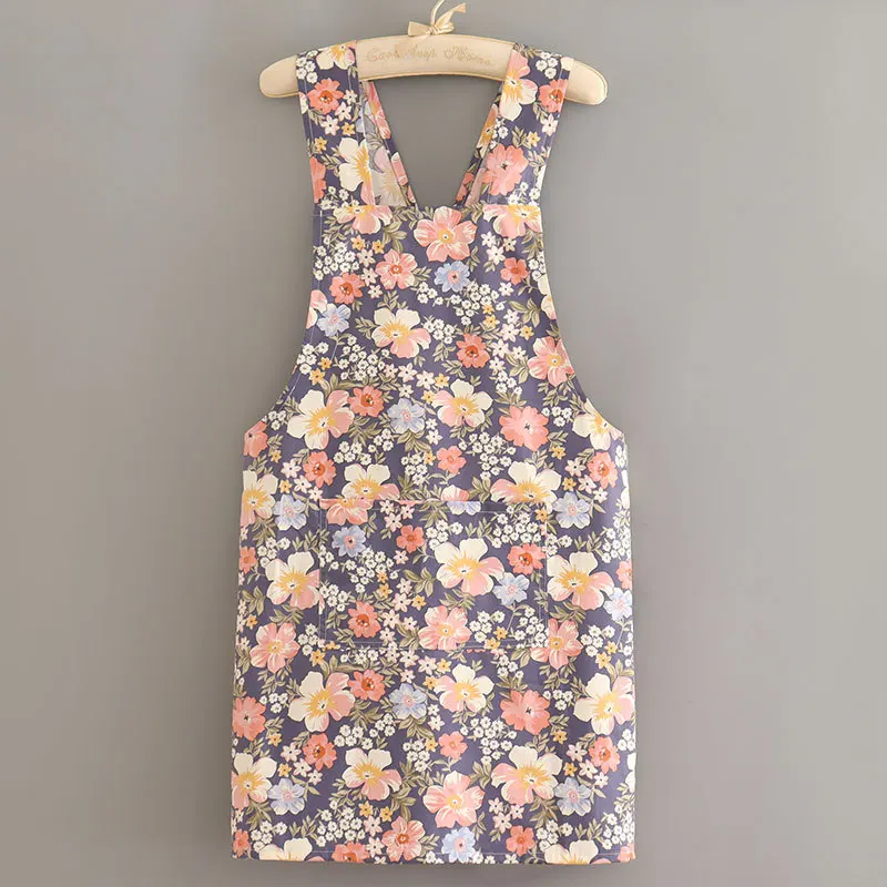 Household Floral Cotton Apron Cute Woman Kitchen Oil Proof Apron No Tie Sleeveless Wide Shoulder Strap Breathable BIB