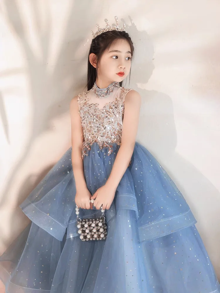 

Little Host Girl's Elegant and Luxurious Dress for Children, High-End Niche Show, Piano Performance Puffy Princess Dress