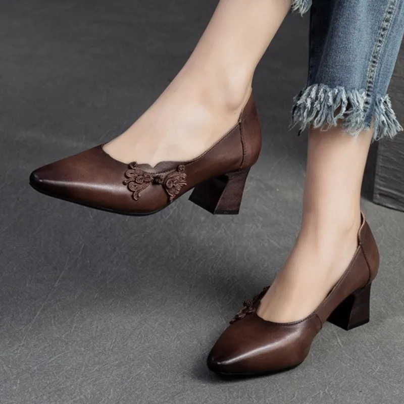 GKTINOO 2024 Vintage Women Pumps Comfortable Genuine Leather High Heel Shoes Women Round Toe Casual Thick Heel Mother Shoes