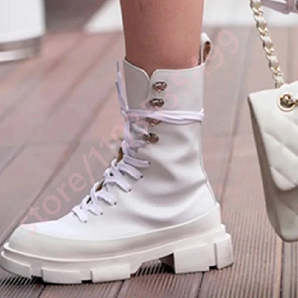 

White Thick Sole Lace-Up Women's Short Boots 2026 New Round Street Thick Heel Knight Boots Fashion Sports Casual Ankle Boots