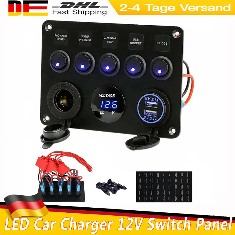 Chargeur de voiture LED, panneau de commutation 5 voies 12V/24V, panneau de commutation marin étanche avec chargeur USB double 4,8A, voltmètre numérique pour bateaux, camping-cars, voitures, SUV, camions, caravanes.