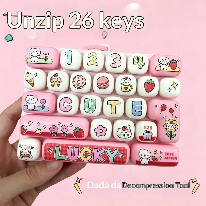 Mini Cartoon Fidget Keyboard Keychain 26 Fun Pattern Buttons Portable Lanyard Sensory Toy for Teens After School Relaxation