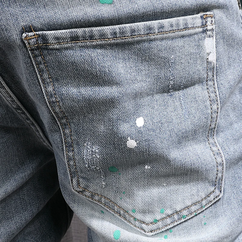 Street Fashion Men Jeans Retro Light Blue Vintage Stretch Skinny Ripped Jeans Men Patched Designer Hip Hop Denim Pants Hombre