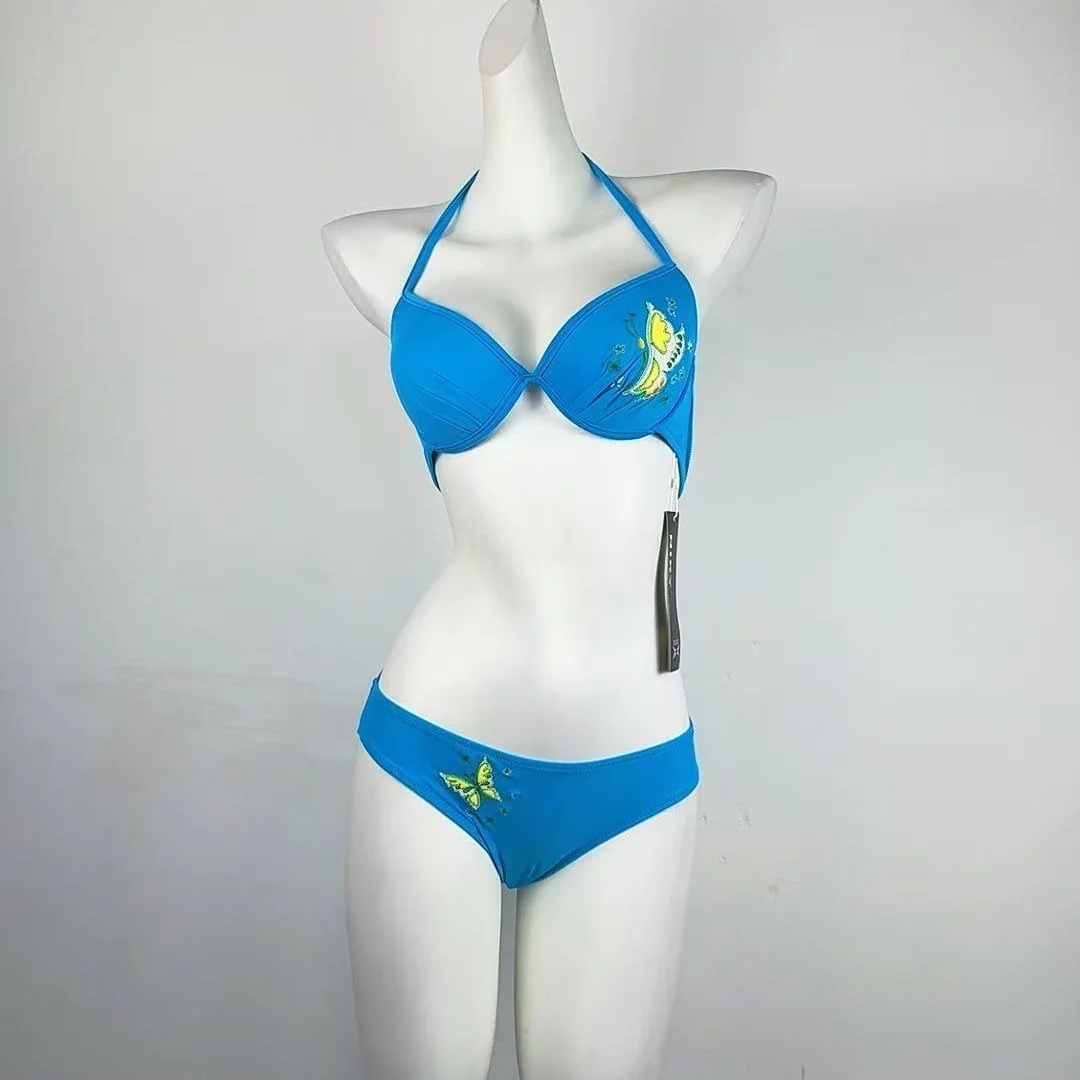 Bright Blue Butterfly Embroidery Underwire Halter Bikini Set Women Mid Rise Beach Swimwear Bathing Suit