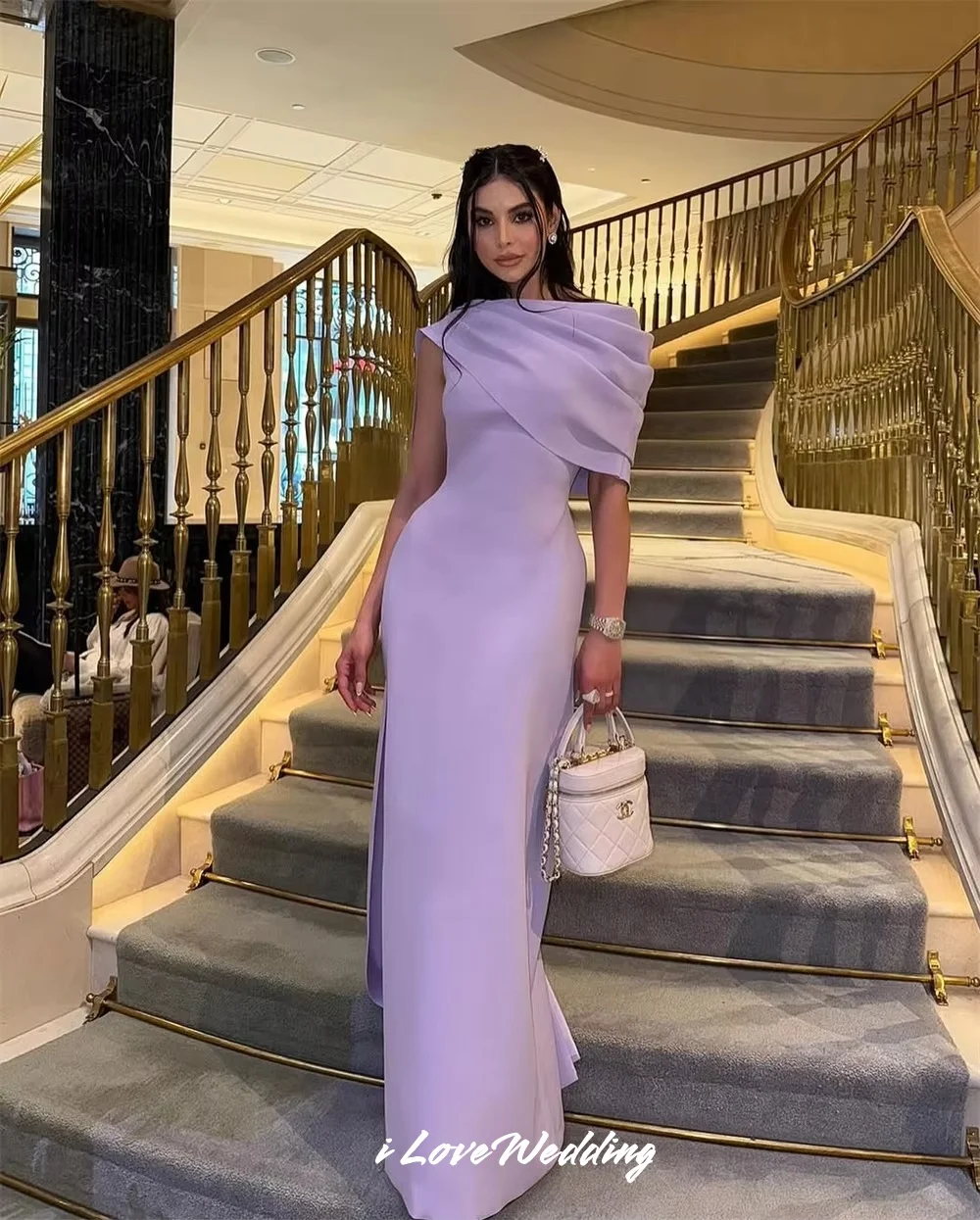 

Purple Off Shoulder Prom Dresses 2025 Satin Shawl Pleated Mermaid Evening Dresses Floor Length Wedding Guest Dresses Customized