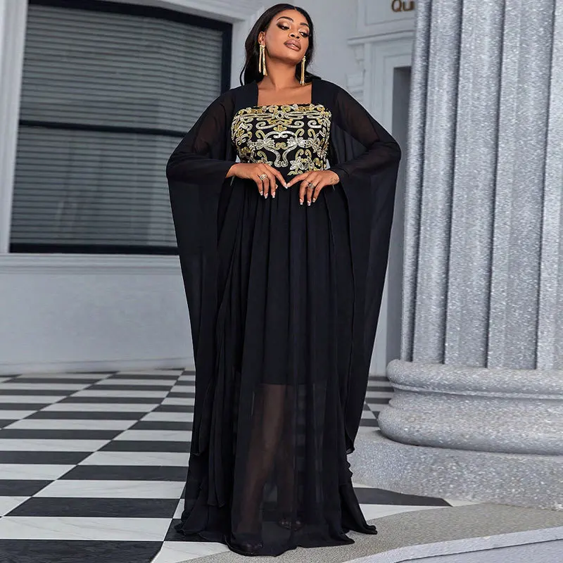 Groot formaat geborduurde kralen pailletten lange Sve A-lijn jurk avond prom Dr voor bruidsmeisjes in chiffon stof