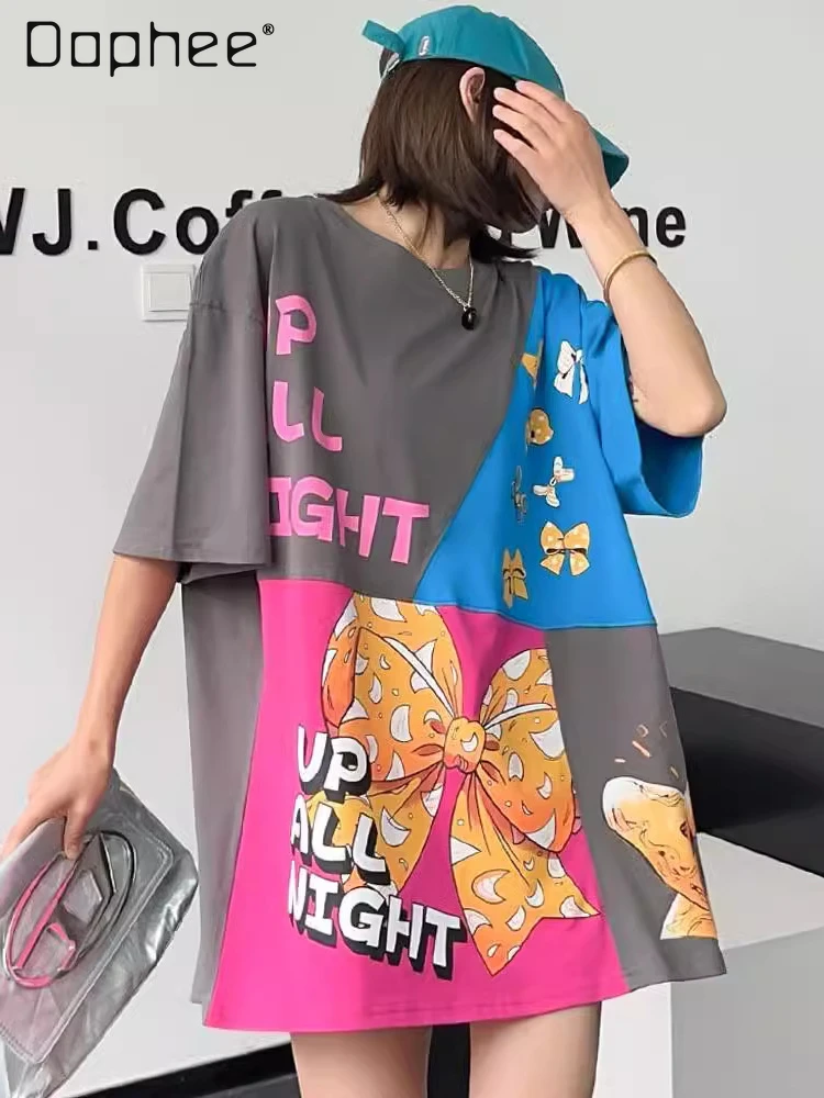 

Cartoon Printed Half Sleeve Loose Casual Contrast Color Patchwork T-shirt Women 2024 Summer Mid-Length Round Neck Cotton Top