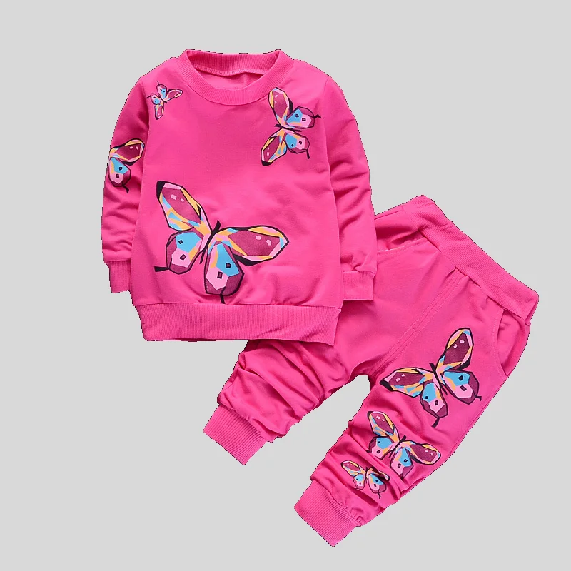 Girls 2Pcs Tracksuit Colorful Butterfly Print Crew Neck Long Sleeve Sweatshirt Elastic Cuff Jogger Pants Kids Casual Outfit Set
