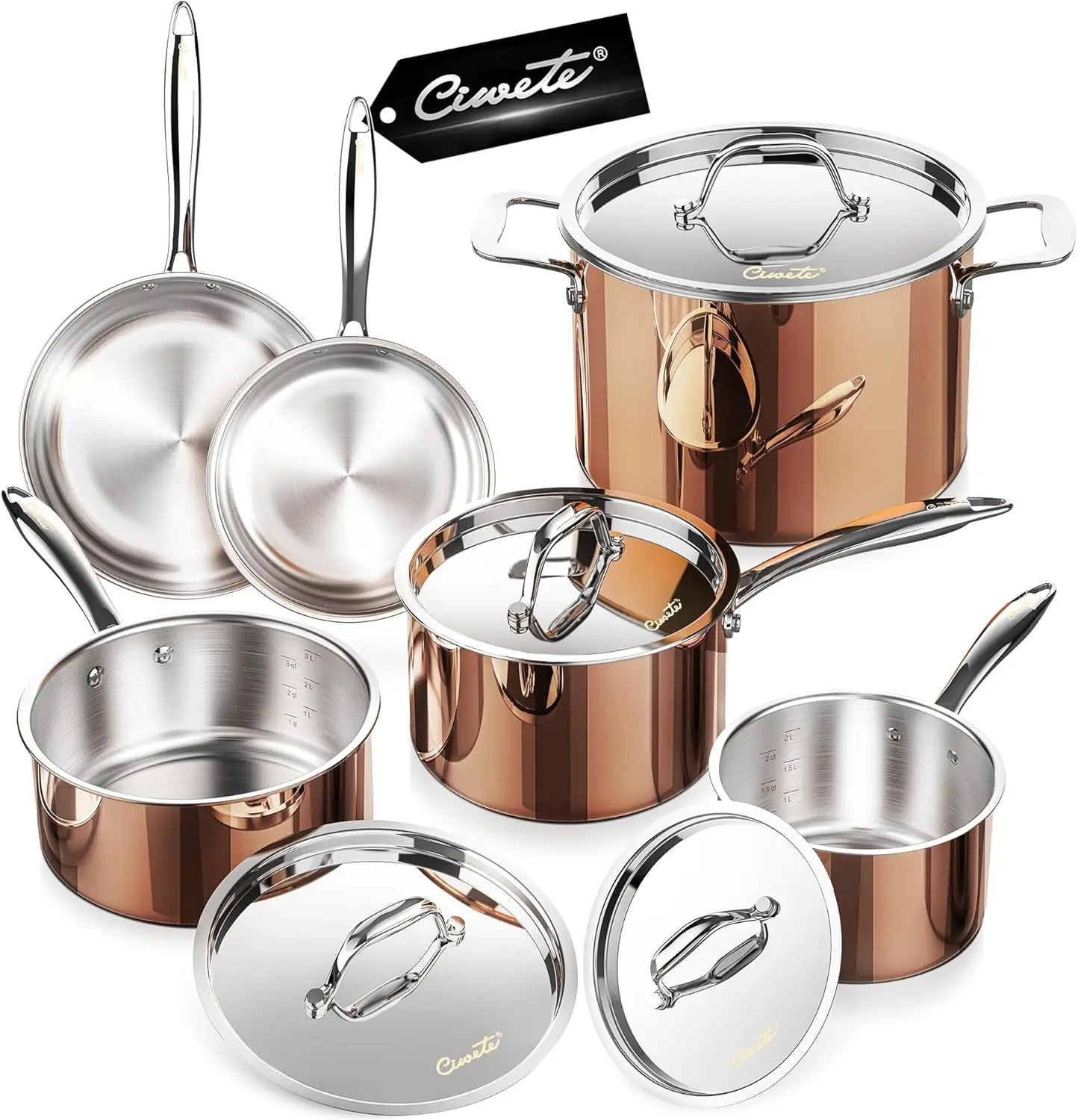 Whole Tri-Ply 18/10 Stainless Steel Pot And Pan Set (10 Piece), Copper Pots And Pans Set With Stainless Steel Lid, Induction