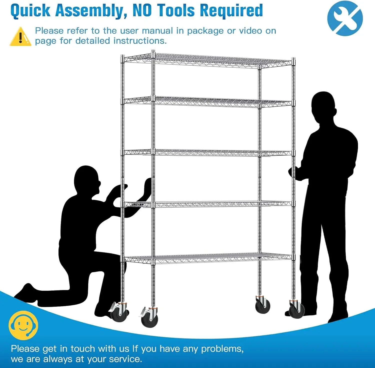 Étagère de rangement en métal avec roulettes, mise en œuvre par fil, 3000Lbs RapDuty NSF-ignorez, utilitaire réglable de qualité commerciale T1