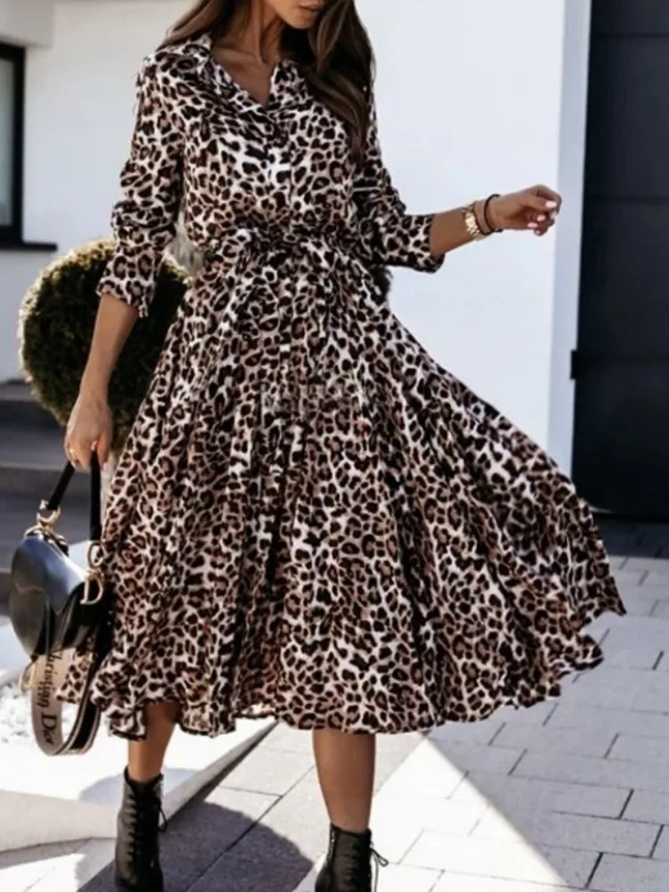 Yeezzi Frauen Sexy Mode Leopard Revers Hemd Kleid Lange Ärmel Mit Knöpfen Split-seite Streetwear Casual A-Line Midi Kleider 2025
