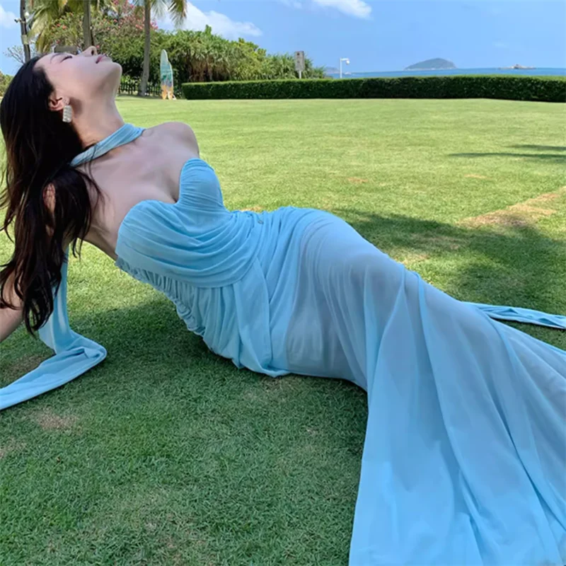 Abito lungo estivo senza spalline blu sirena splendido Spice Girl Slash Neck aderente abito da sera trasparente a coda di pesce da spiaggia in rete