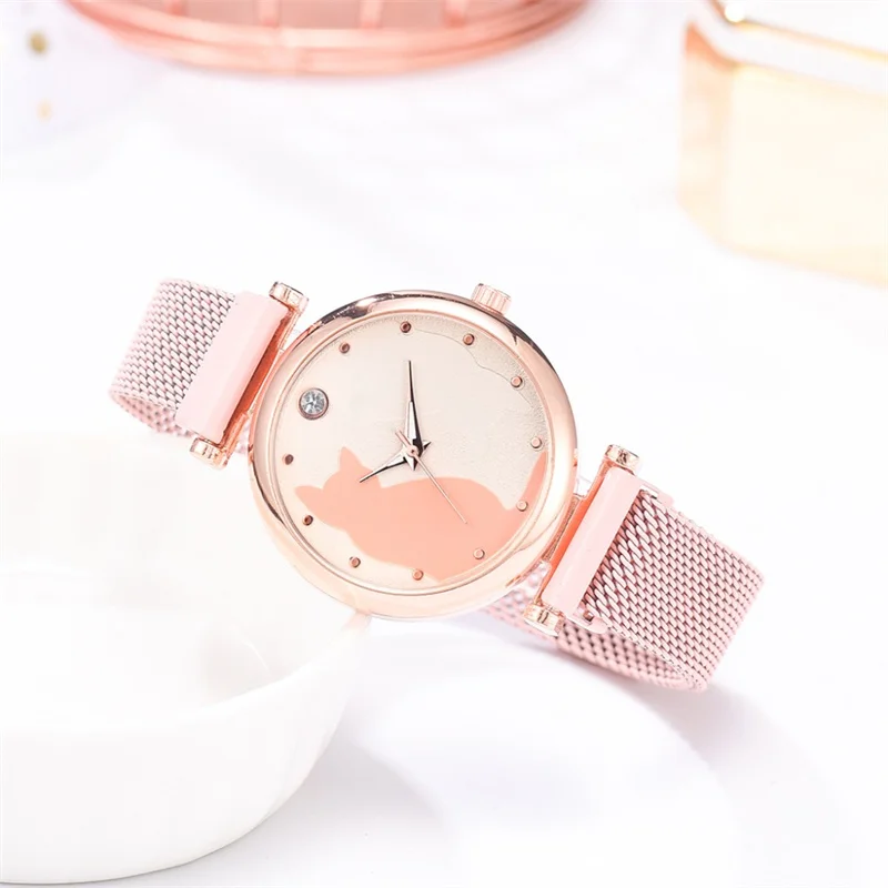 5pcs Set Luxury Women Watches Rose Gold Bracelet Set Cat Pattern Magnet Quartz Watch Ladies Bracelet Wristwatch Relogio Feminino