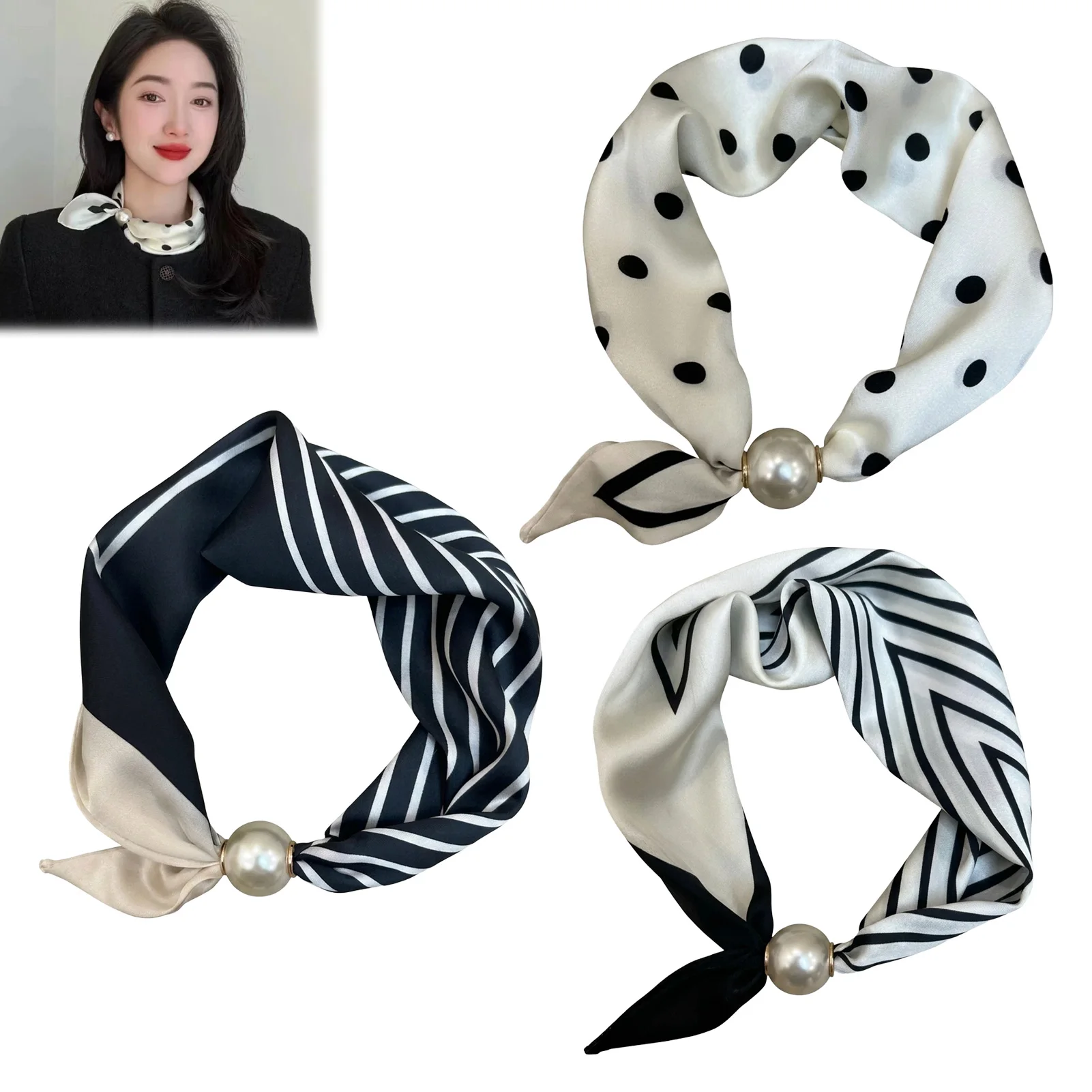 Pearl Silk Scarves For Women Ties Magnetic Clasp French Retro Silk Feel Neck Bows Jewelry Elegant Adjustable Summer bech scarves