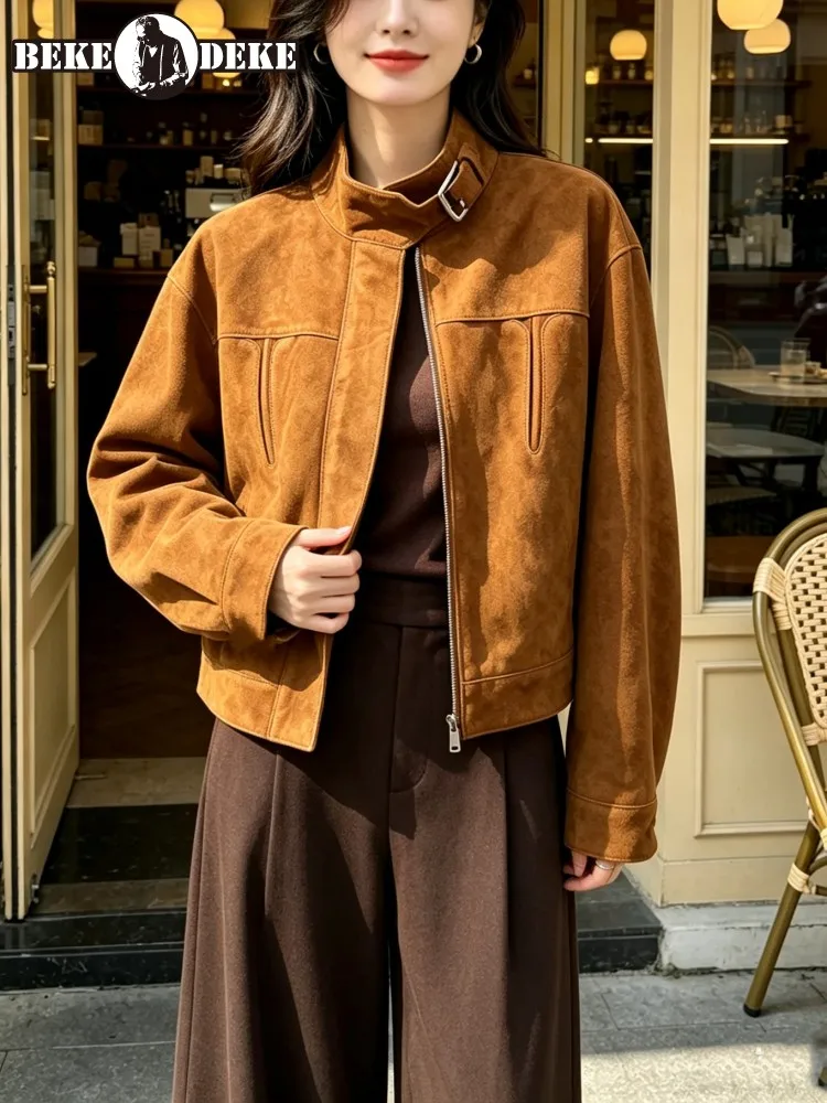 Autumn Women Buckle Stand Collar Motorcycle Jacket Vintage New Designer Top Quality Outwear Coat Soft Real Suede Leather Jacket