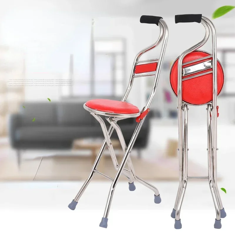 

Stainless Steel Cane Stool, Four-Legged Base, Folding Walking Stick with Seat, Multi-Functional Mobility Aid, Seat Stick