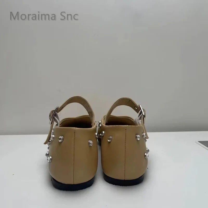 Zapatos planos de Ballet con diamantes de imitación para mujer, zapatos planos de cuero con hebilla de cinturón y punta cuadrada, cómodos, informales, combinan con todo