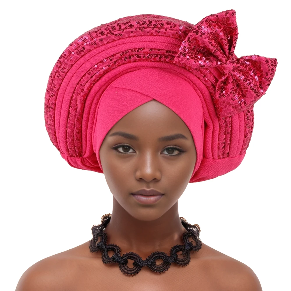 Sweet Bowknot Auto Gele Headtie for Women African Head Wraps Lady Party Headpiece Female Sequins Turban Cap