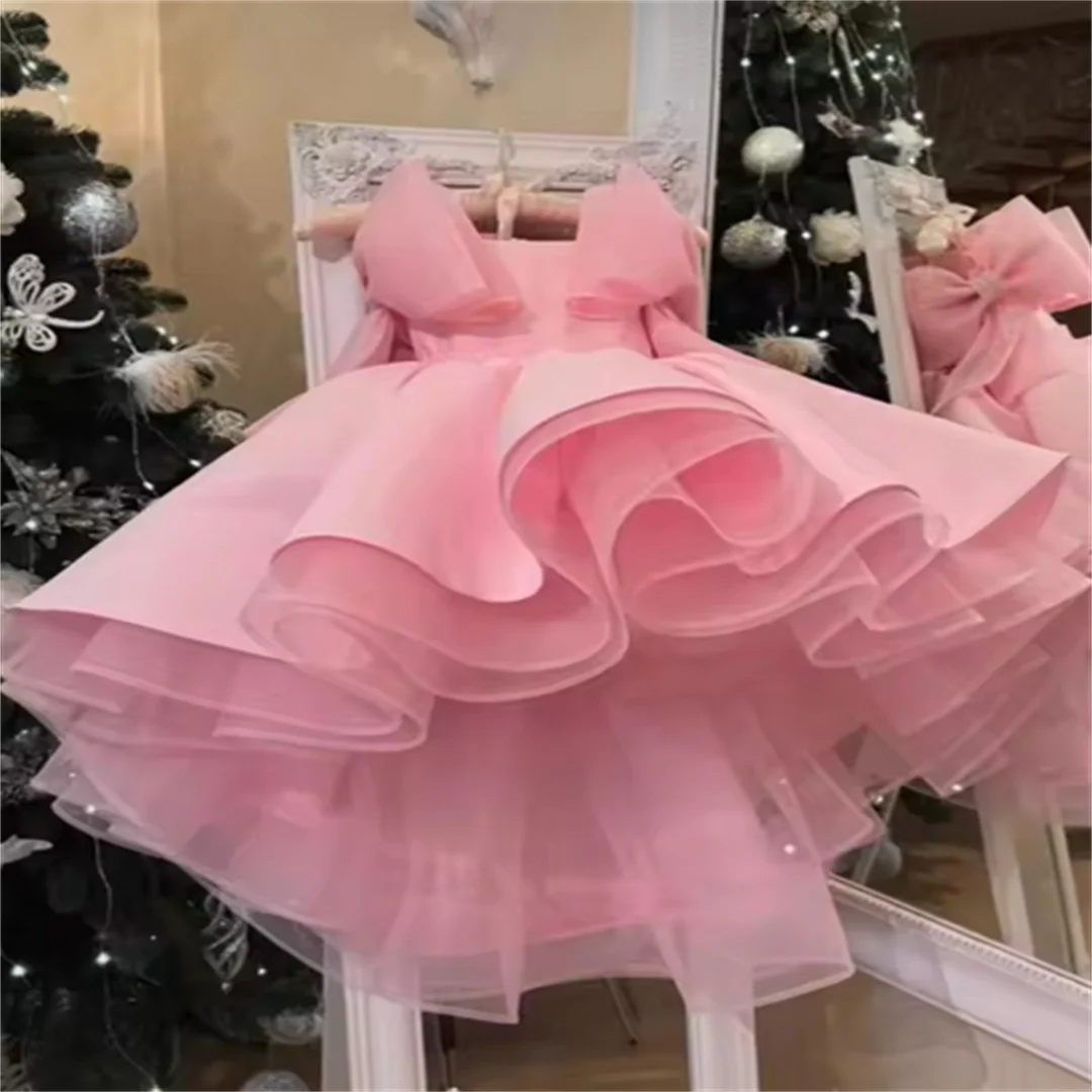 فساتين فتاة الزهور بفيونكة وردية عالية ومنخفضة مخصصة لحفلات أعياد الميلاد للفتيات الصغيرات للأطفال فستان التواصل الأول