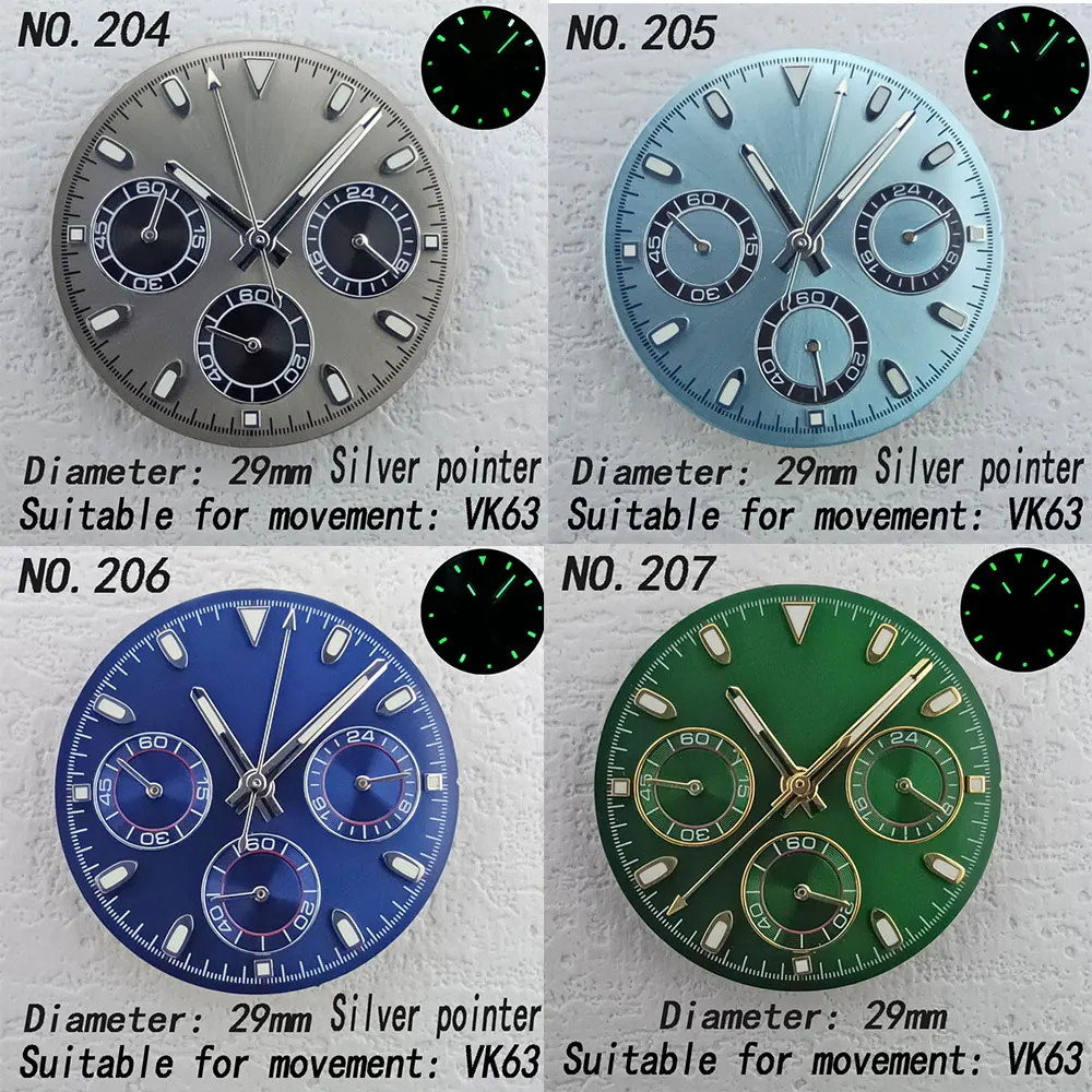 29mm Daytona watch dial hands spare parts C3 green light suitable for VK63 movement panda eye enamel dial