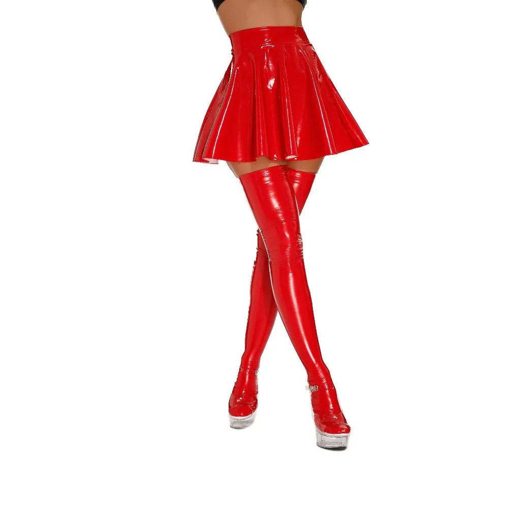 Women Fashion Wet Look Latex Shiny Mini Skirt Pure Sexy PU Leather Clothing with Stocking Midi Skirts Clubwear